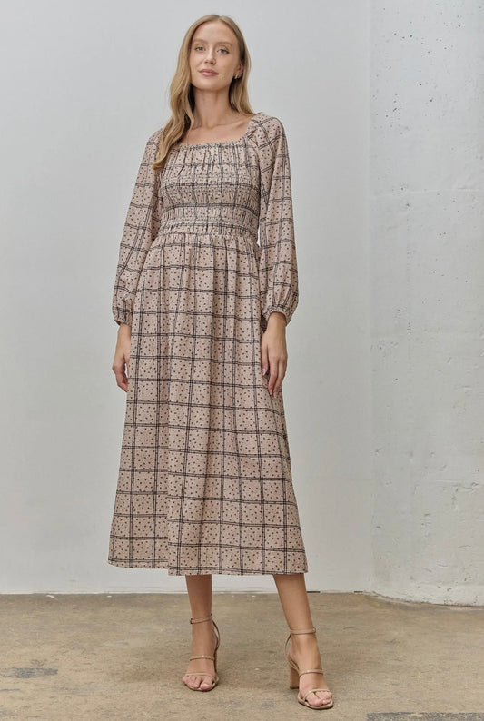 Ditsy Plaid Smocked Midi Dress