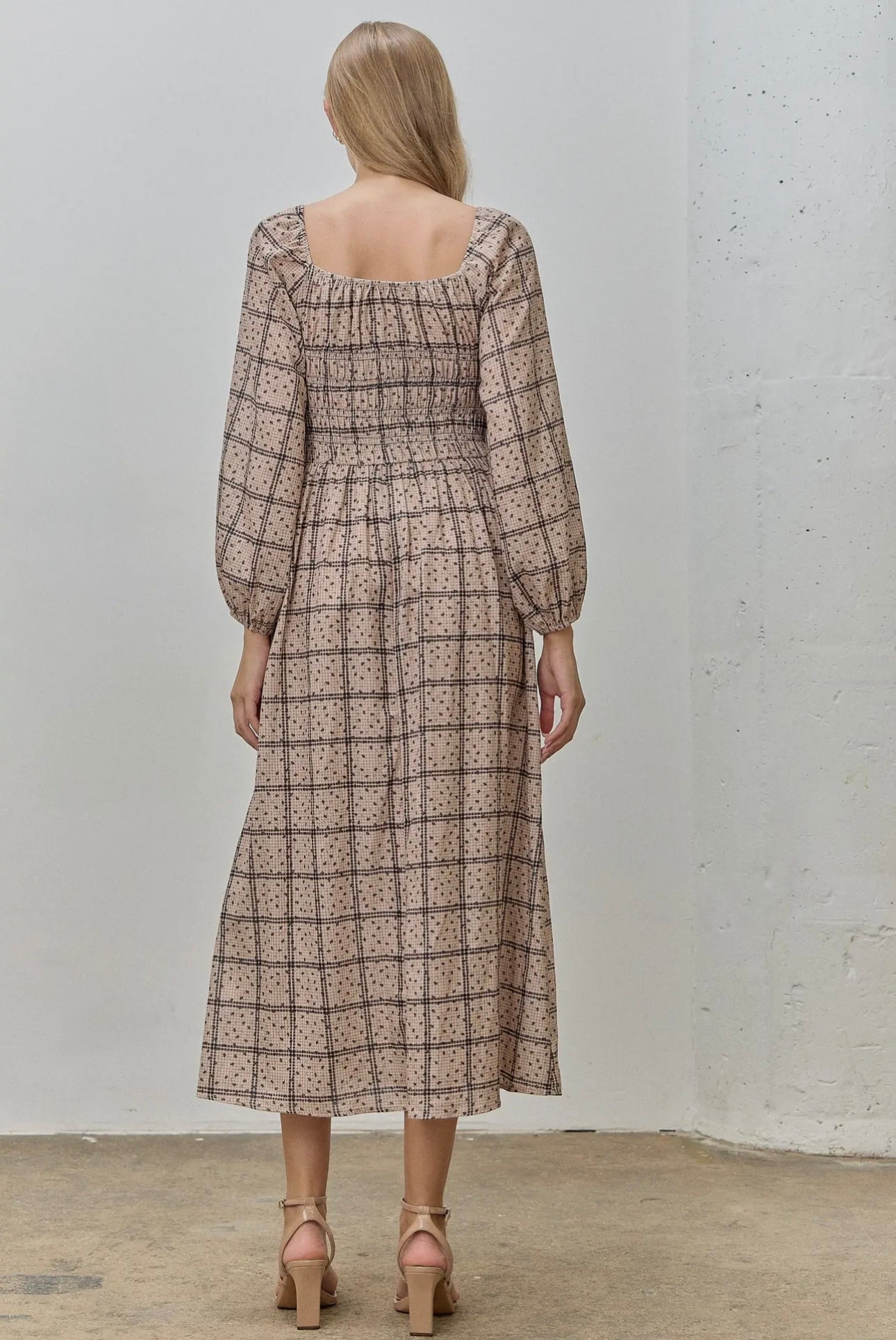 Ditsy Plaid Smocked Midi Dress