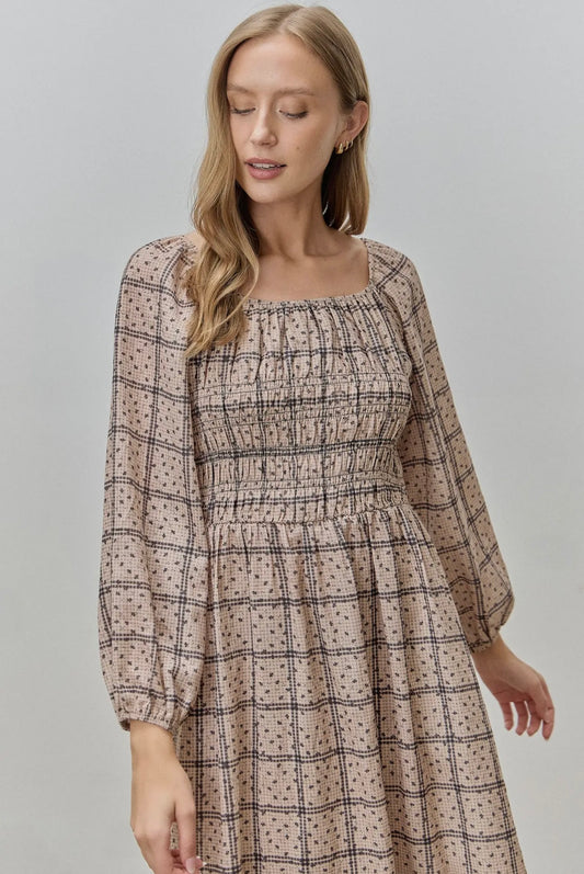 Ditsy Plaid Smocked Midi Dress