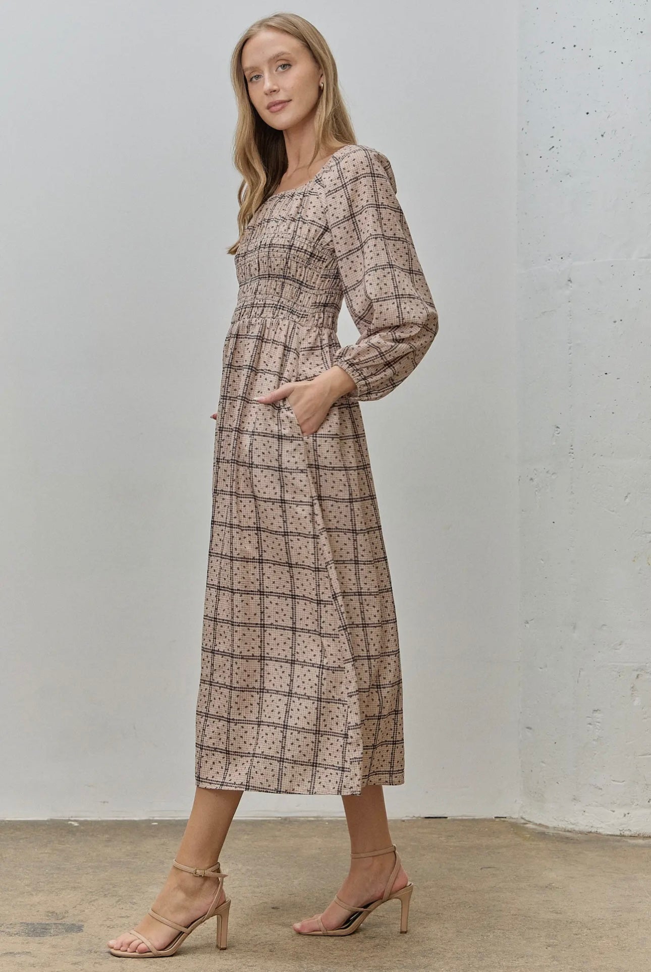 Ditsy Plaid Smocked Midi Dress
